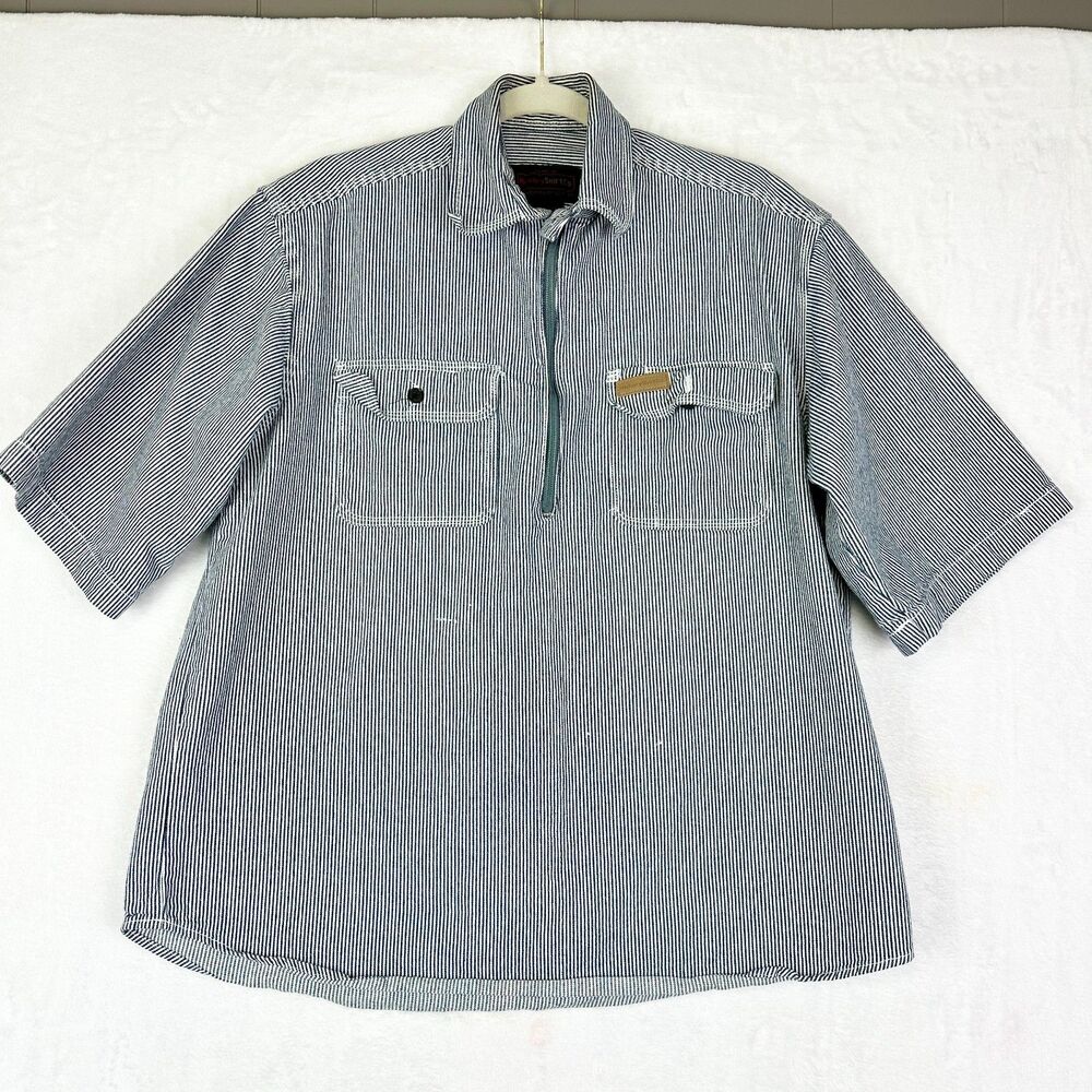 Hickory Shirt Co Stripe Short Sleeve 1/2 Zip Logger Shirt Size Medium Cotton